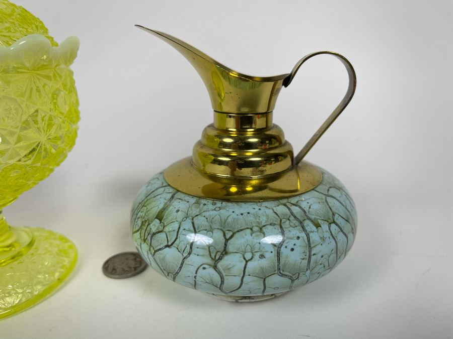 Green Glass Candy Jar 6.5H And Hand Painted Delft Holland Pitcher 4H [Photo 4]