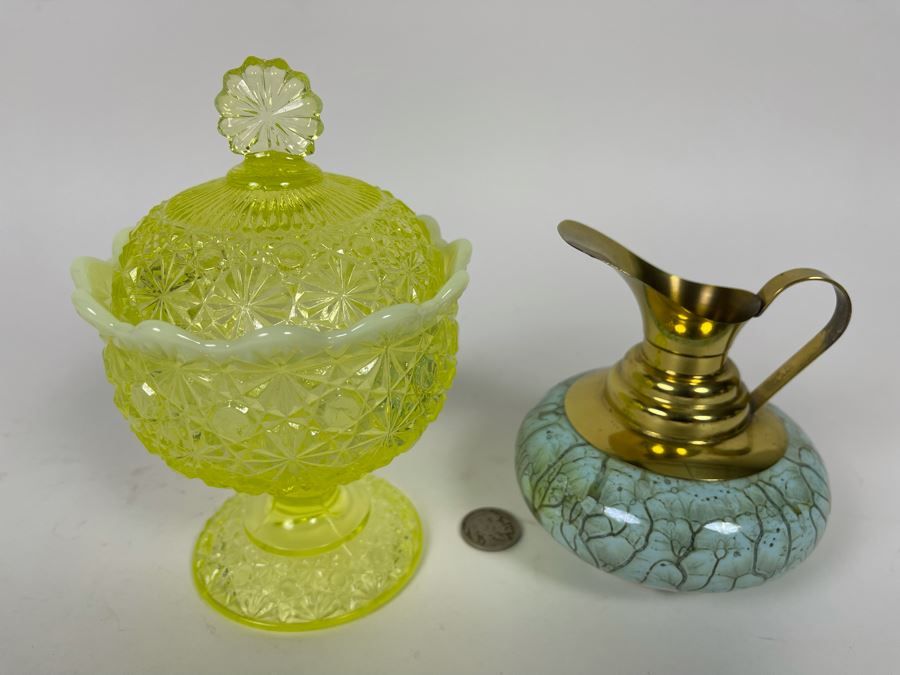 Green Glass Candy Jar 6.5H And Hand Painted Delft Holland Pitcher 4H [Photo 3]