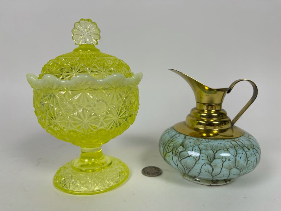 Green Glass Candy Jar 6.5H And Hand Painted Delft Holland Pitcher 4H [Photo 2]