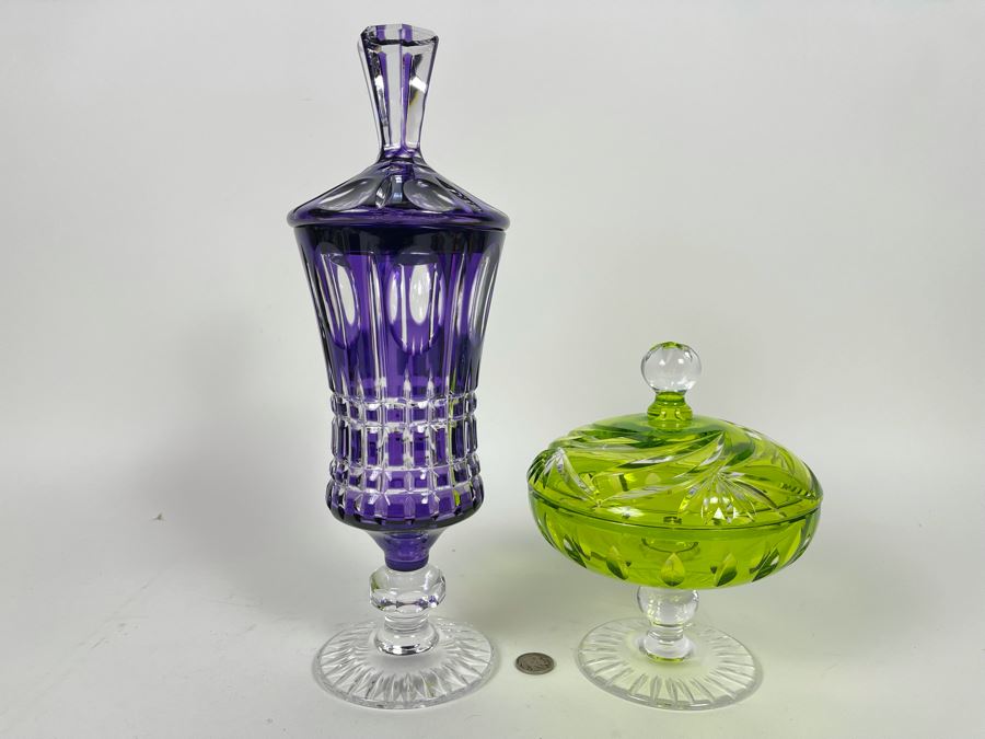 Purple Glass Candy Jar 13H And Green Glass Candy Jar 7H [Photo 1]