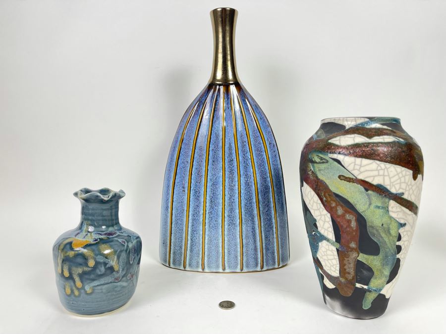 Two Signed Pottery Vases And Large Decorative Vase 6H - 16H [Photo 2]