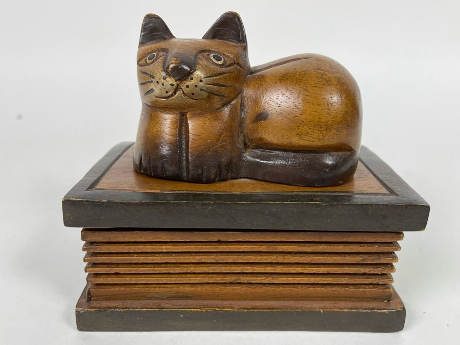 Wooden Cat Sitting On Hinged Box 6W X 4D X 5.5H [Photo 1]