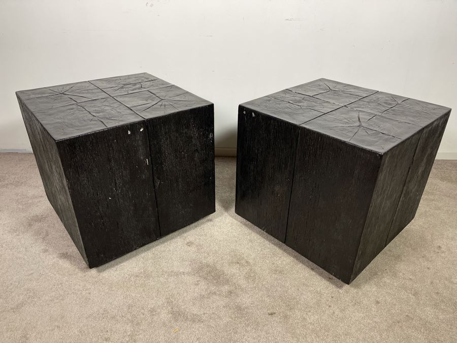Pair Of Black Faux Wooden Cube Side Tables 22W X 22D X 22H [Photo 2]