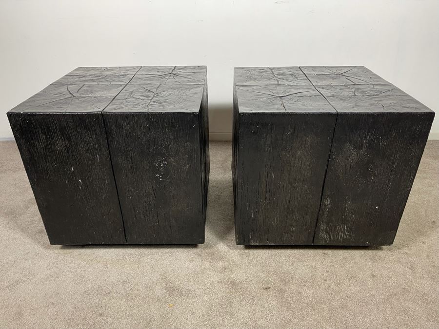 Pair Of Black Faux Wooden Cube Side Tables 22W X 22D X 22H [Photo 7]