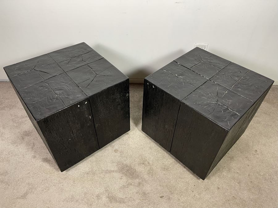 Pair Of Black Faux Wooden Cube Side Tables 22W X 22D X 22H [Photo 4]