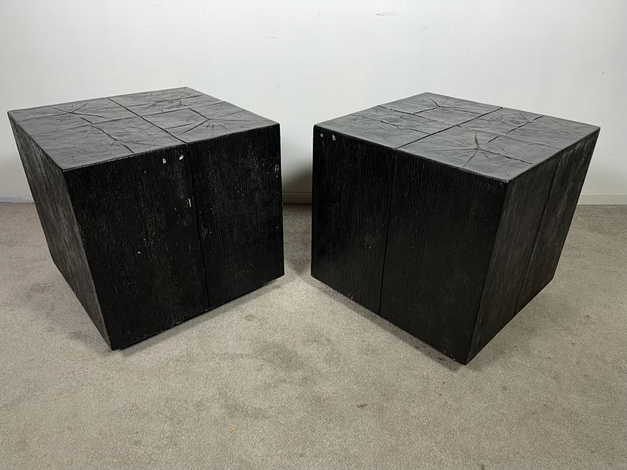 Pair Of Black Faux Wooden Cube Side Tables 22W X 22D X 22H [Photo 3]