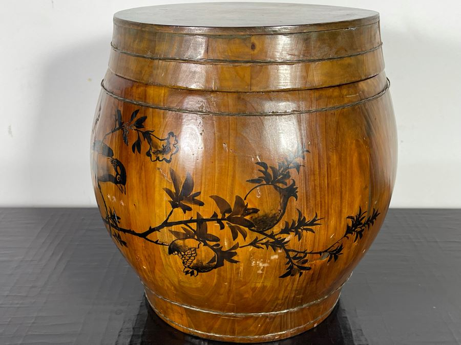 Vintage Asian Wooden Rice Bucket Barrel Container 13W X 13H [Photo 4]