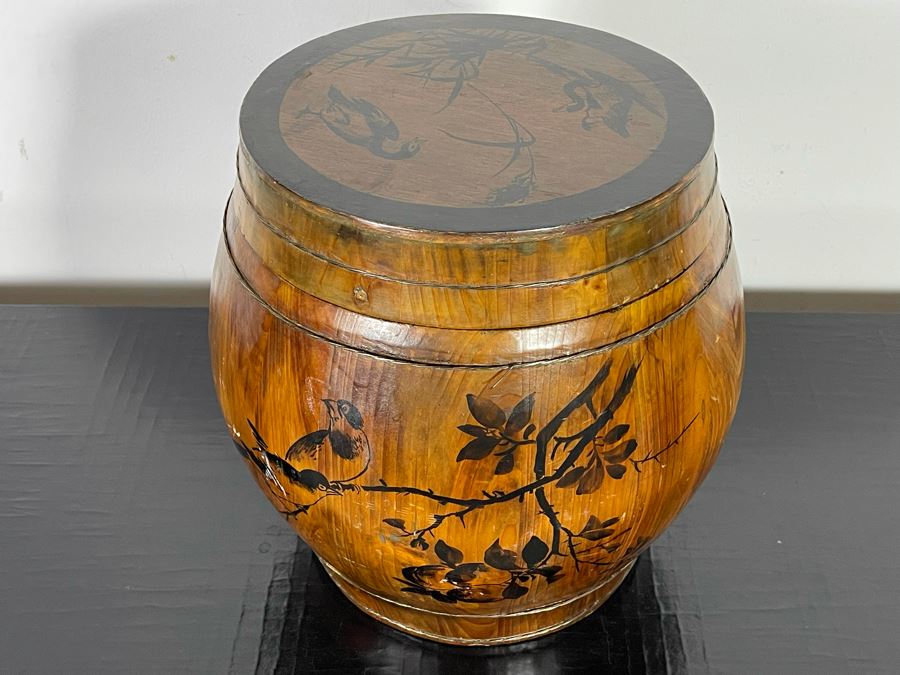 Vintage Asian Wooden Rice Bucket Barrel Container 13W X 13H [Photo 3]