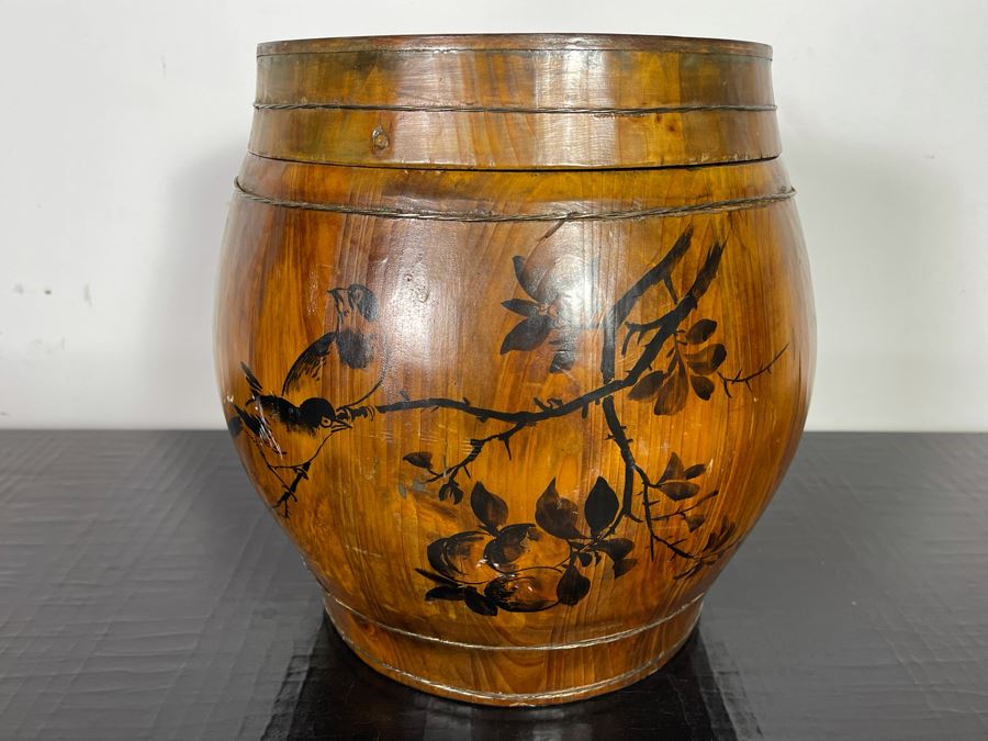 Vintage Asian Wooden Rice Bucket Barrel Container 13W X 13H [Photo 2]