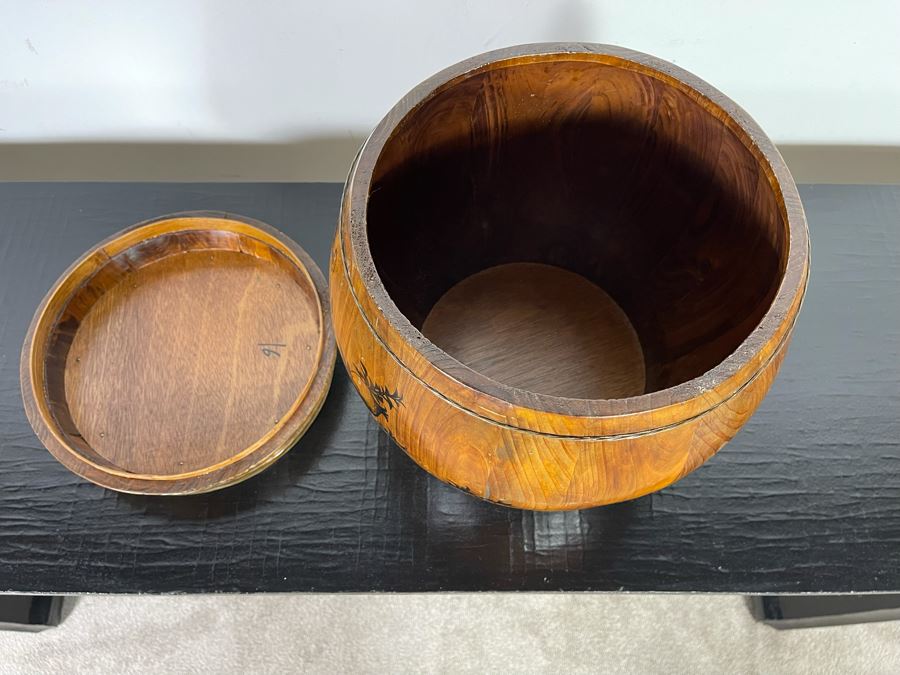 Vintage Asian Wooden Rice Bucket Barrel Container 13W X 13H [Photo 9]