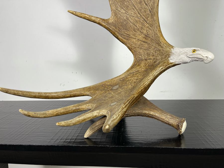Impressive Large Shari Medley Hand Carved Moose Antler Sculpture Of Soaring Bald Eagle 34H X 24W X 20D [Photo 9]
