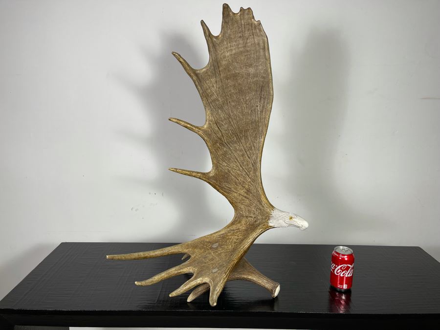 Impressive Large Shari Medley Hand Carved Moose Antler Sculpture Of Soaring Bald Eagle 34H X 24W X 20D [Photo 4]