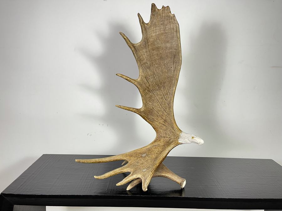 Impressive Large Shari Medley Hand Carved Moose Antler Sculpture Of Soaring Bald Eagle 34H X 24W X 20D [Photo 6]