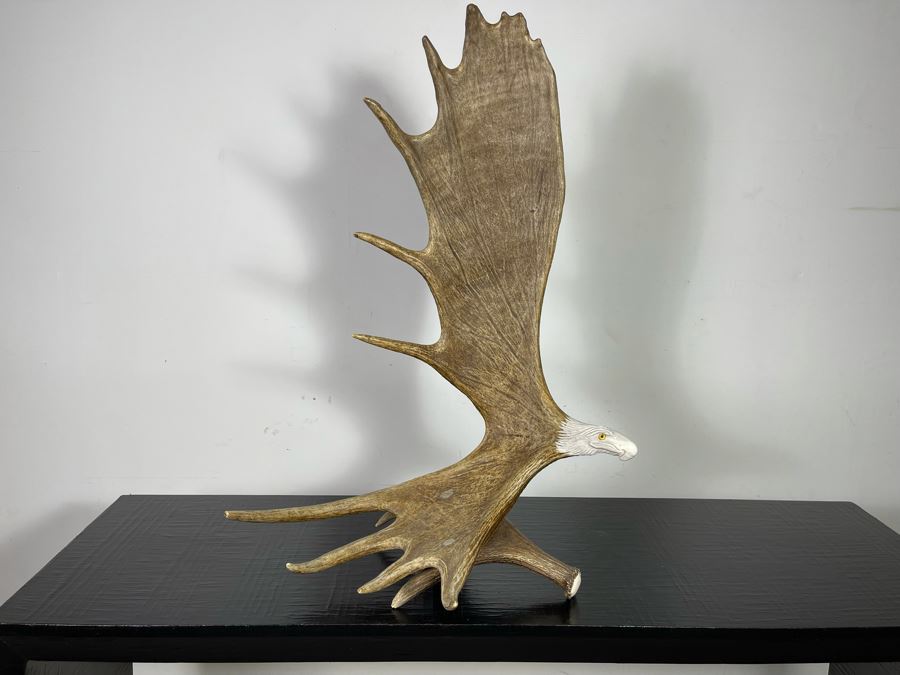 Impressive Large Shari Medley Hand Carved Moose Antler Sculpture Of Soaring Bald Eagle 34H X 24W X 20D [Photo 5]