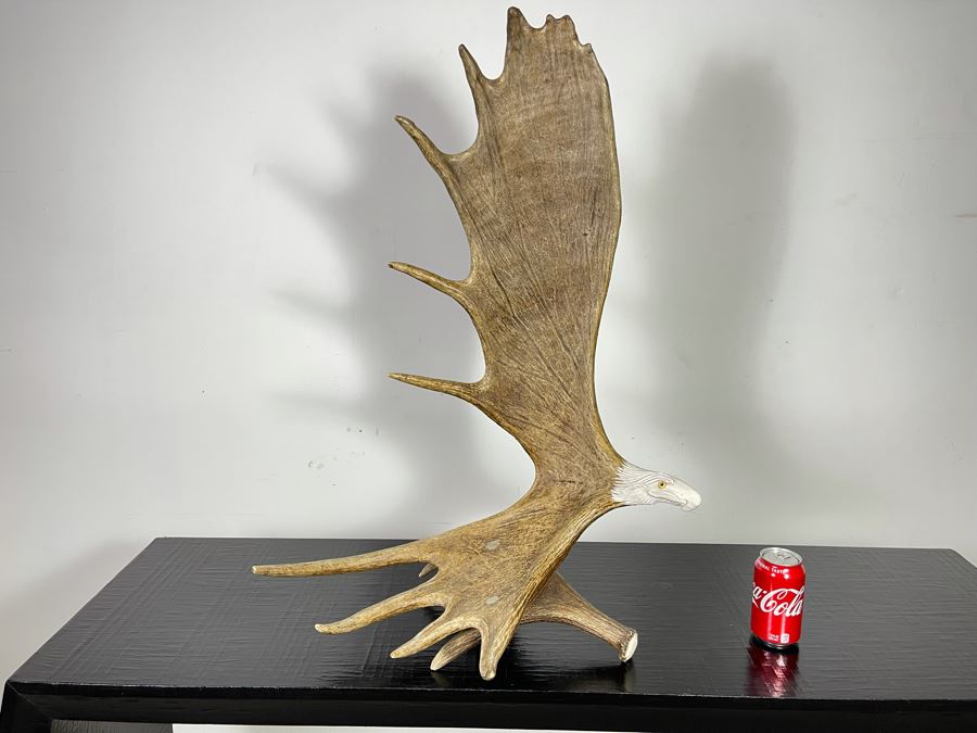 Impressive Large Shari Medley Hand Carved Moose Antler Sculpture Of Soaring Bald Eagle 34H X 24W X 20D [Photo 2]