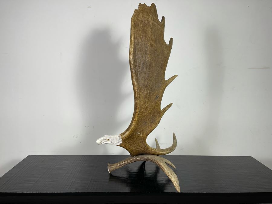 Impressive Large Shari Medley Hand Carved Moose Antler Sculpture Of Soaring Bald Eagle 34H X 24W X 20D [Photo 10]