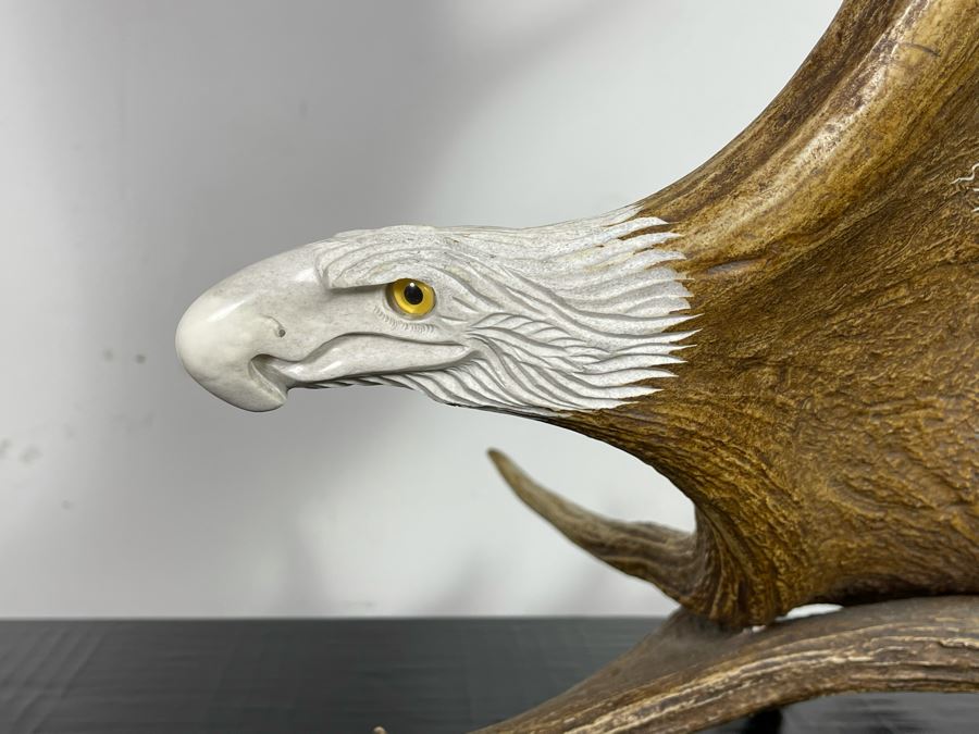 Impressive Large Shari Medley Hand Carved Moose Antler Sculpture Of Soaring Bald Eagle 34H X 24W X 20D [Photo 13]