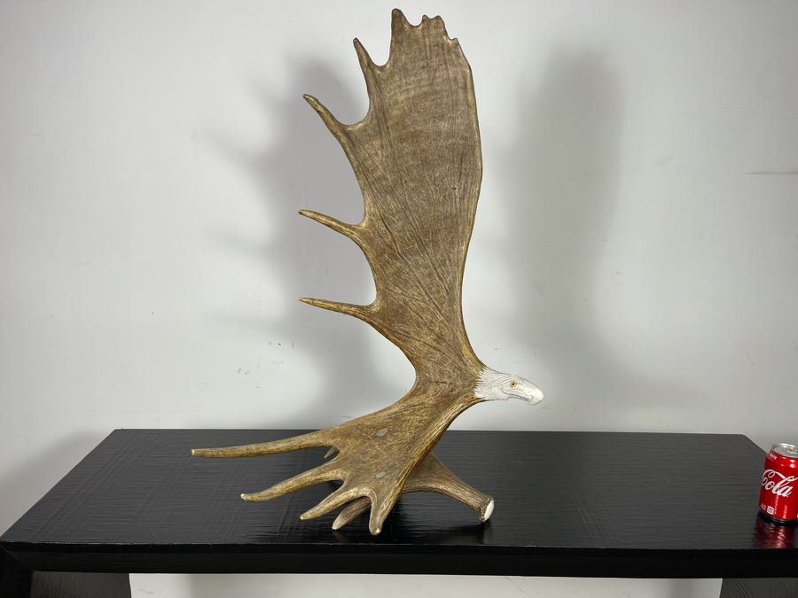 Impressive Large Shari Medley Hand Carved Moose Antler Sculpture Of Soaring Bald Eagle 34H X 24W X 20D [Photo 3]