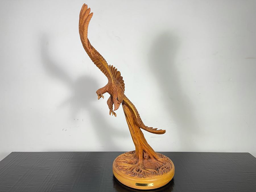Original W. M. Churchill, Jr. 1994 Wooden Carved Sculpture Titled 'Raptor' (See Photos For Slight Chip On One Feather) 18W X 12D X 30H - Estimate $500-$1,000 [Photo 2]