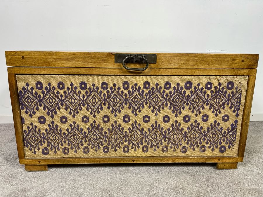 Wooden Trunk With Burlap Fabric Design Made In India For Pier1 Imports 33W X 16D X 18H [Photo 2]