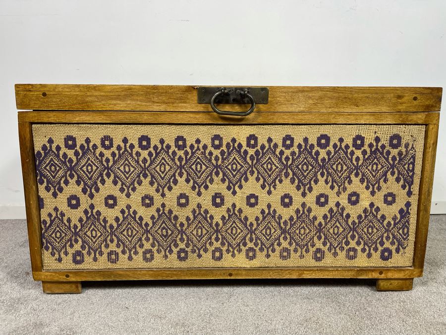 Wooden Trunk With Burlap Fabric Design Made In India For Pier1 Imports 33W X 16D X 18H [Photo 3]