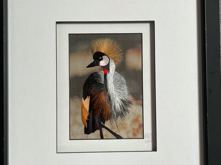 Original Signed Eric & Karen Shi Crowned Crane Bird In Silk Thread Framed Artwork 13 X 17 [Photo 2]