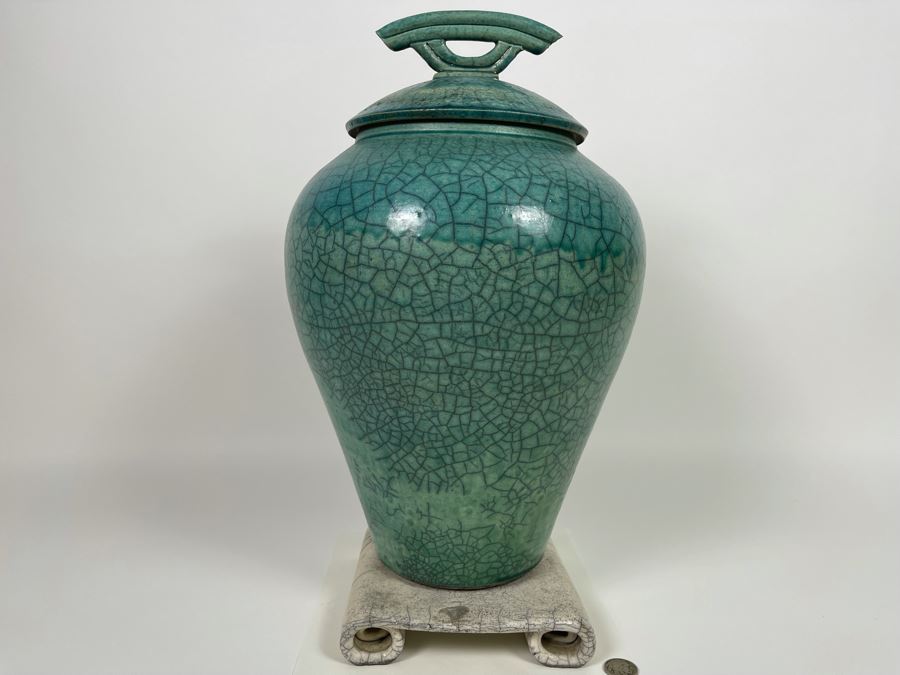 Large Mike Brennan Asian Inspired Studio Pottery Vase Urn With Lid And Stand From 1997 Sawdust Art Festival In Laguna Beach 10W X 13H Retailed $300 [Photo 9]