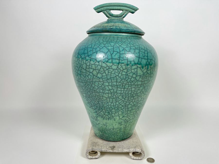 Large Mike Brennan Asian Inspired Studio Pottery Vase Urn With Lid And Stand From 1997 Sawdust Art Festival In Laguna Beach 10W X 13H Retailed $300 [Photo 1]