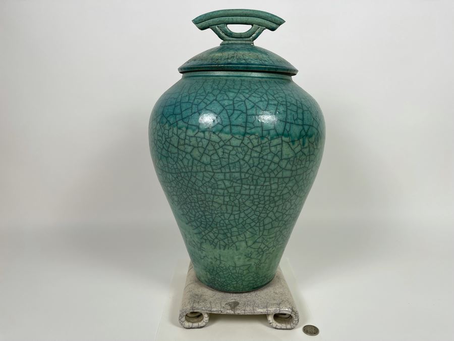 Large Mike Brennan Asian Inspired Studio Pottery Vase Urn With Lid And Stand From 1997 Sawdust Art Festival In Laguna Beach 10W X 13H Retailed $300 [Photo 4]