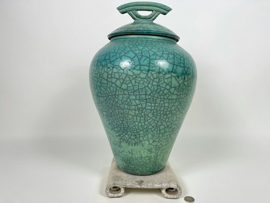 Large Mike Brennan Asian Inspired Studio Pottery Vase Urn With Lid And Stand From 1997 Sawdust Art Festival In Laguna Beach 10W X 13H Retailed $300 [Photo 10]