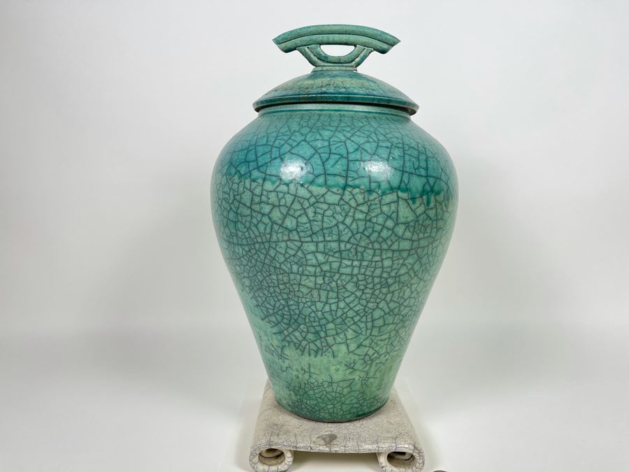 Large Mike Brennan Asian Inspired Studio Pottery Vase Urn With Lid And Stand From 1997 Sawdust Art Festival In Laguna Beach 10W X 13H Retailed $300 [Photo 2]