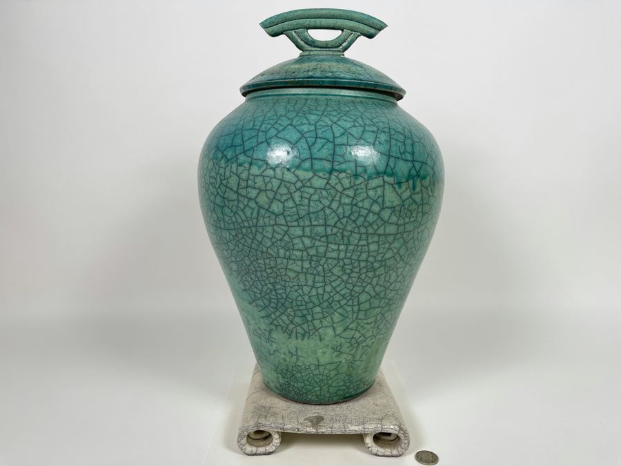 Large Mike Brennan Asian Inspired Studio Pottery Vase Urn With Lid And Stand From 1997 Sawdust Art Festival In Laguna Beach 10W X 13H Retailed $300 [Photo 3]