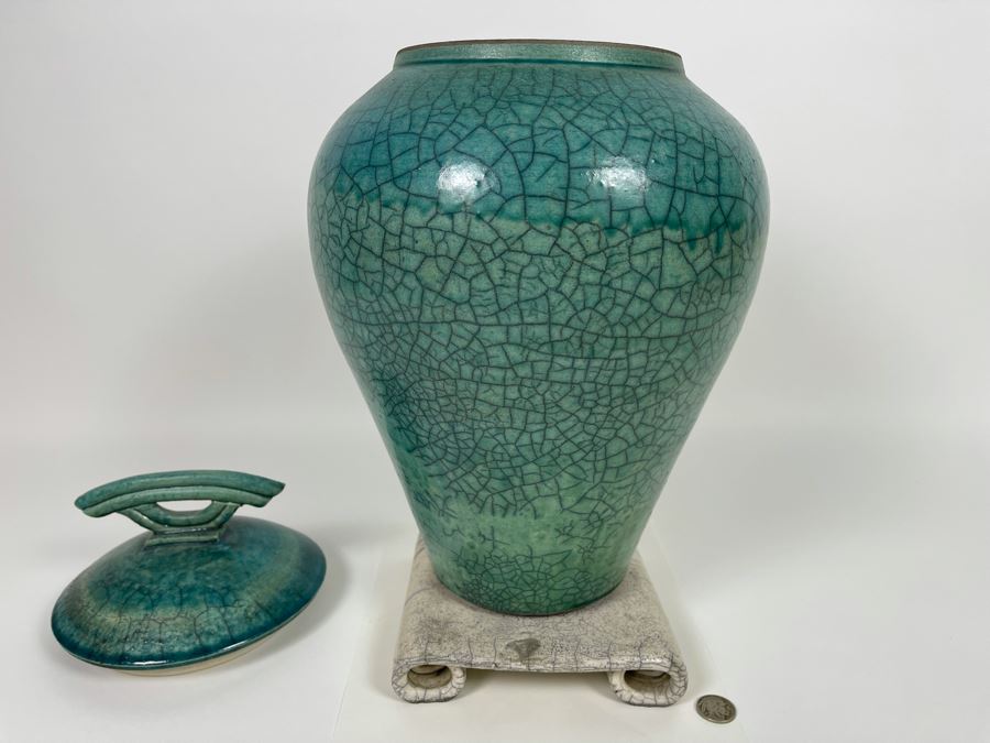 Large Mike Brennan Asian Inspired Studio Pottery Vase Urn With Lid And Stand From 1997 Sawdust Art Festival In Laguna Beach 10W X 13H Retailed $300 [Photo 7]