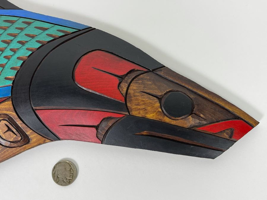 Original Hand Painted Carved Wooden Salmon Fish Plaque By Herman Peter Penakulet Island 23W X 7H [Photo 4]