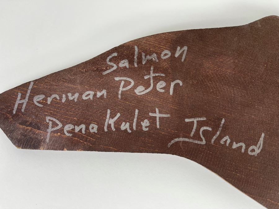 Original Hand Painted Carved Wooden Salmon Fish Plaque By Herman Peter Penakulet Island 23W X 7H [Photo 9]