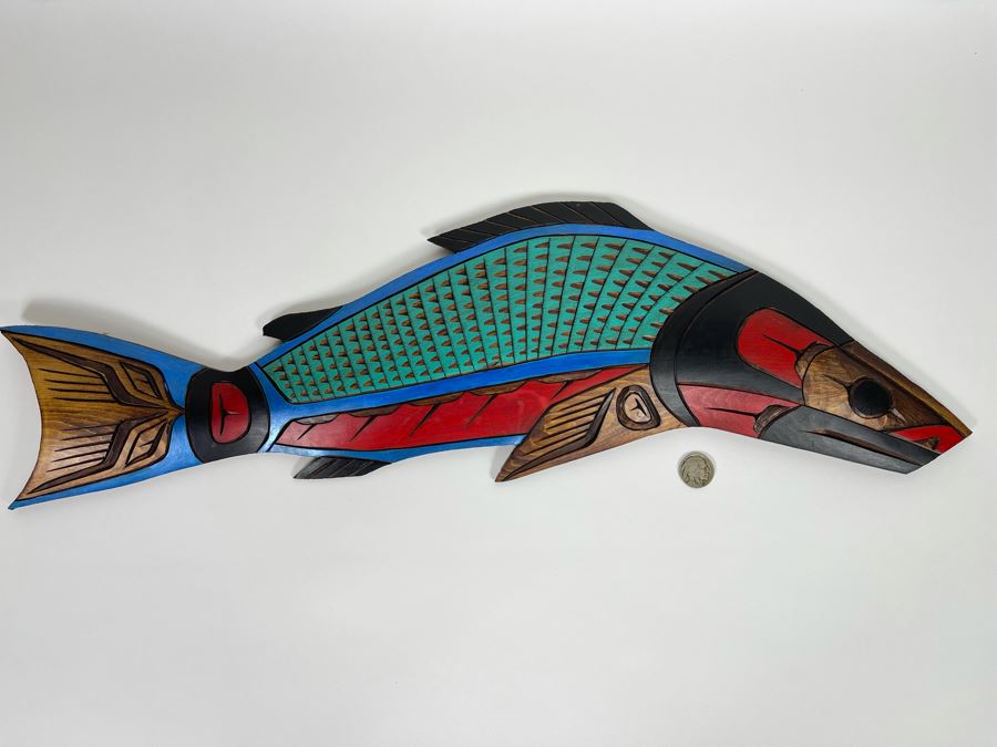 Original Hand Painted Carved Wooden Salmon Fish Plaque By Herman Peter Penakulet Island 23W X 7H [Photo 1]