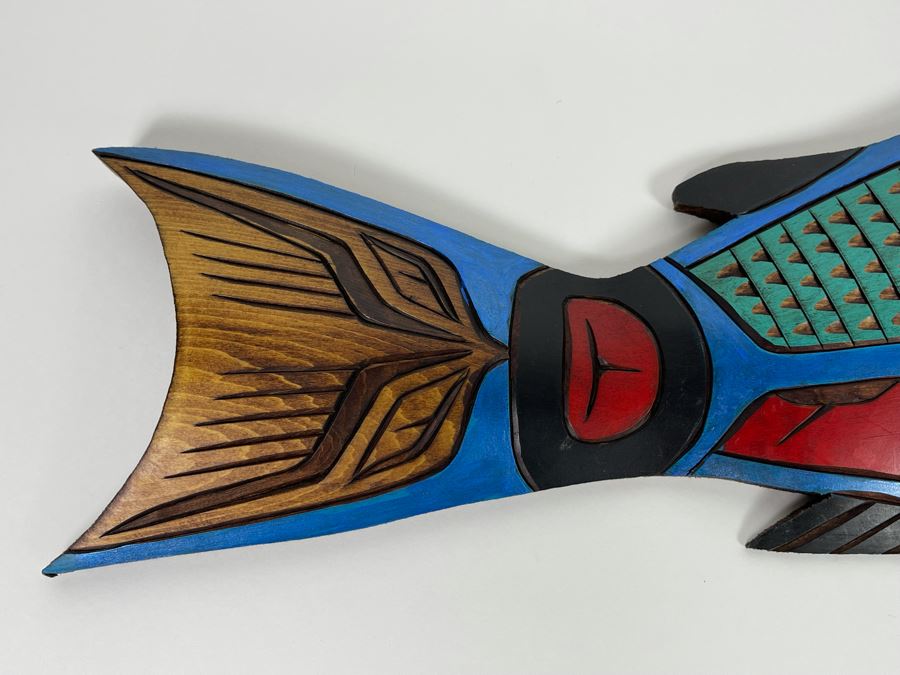 Original Hand Painted Carved Wooden Salmon Fish Plaque By Herman Peter Penakulet Island 23W X 7H [Photo 6]