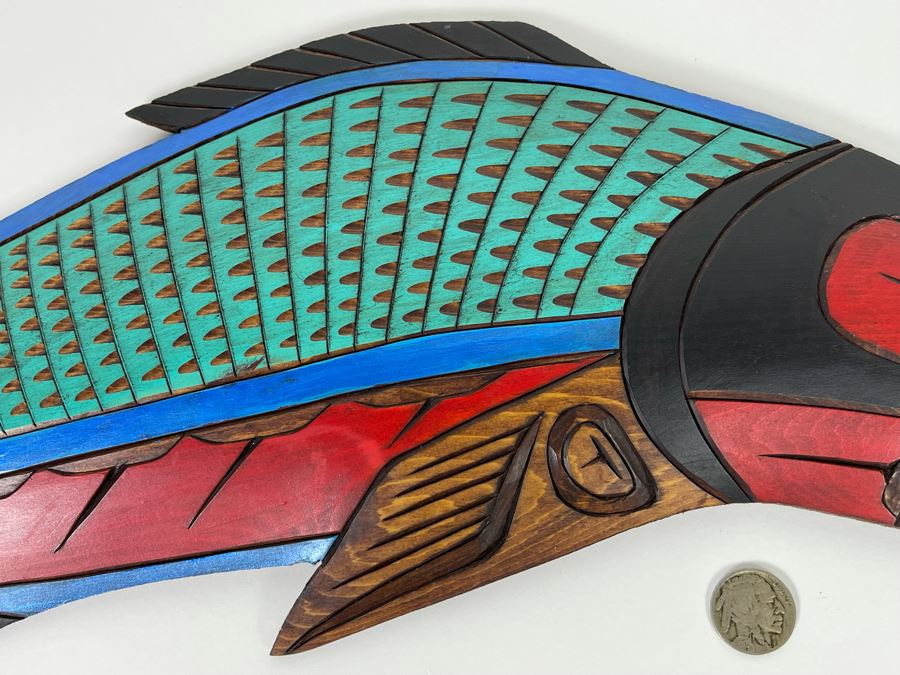 Original Hand Painted Carved Wooden Salmon Fish Plaque By Herman Peter Penakulet Island 23W X 7H [Photo 5]