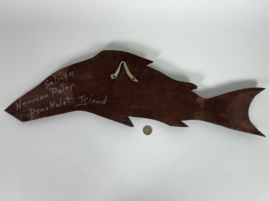 Original Hand Painted Carved Wooden Salmon Fish Plaque By Herman Peter Penakulet Island 23W X 7H [Photo 7]