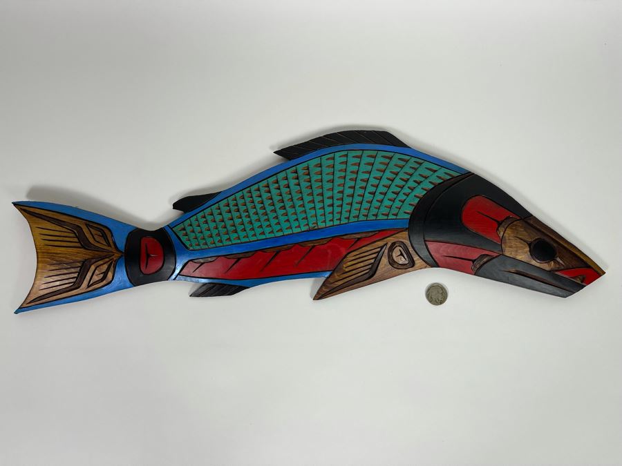 Original Hand Painted Carved Wooden Salmon Fish Plaque By Herman Peter Penakulet Island 23W X 7H [Photo 3]