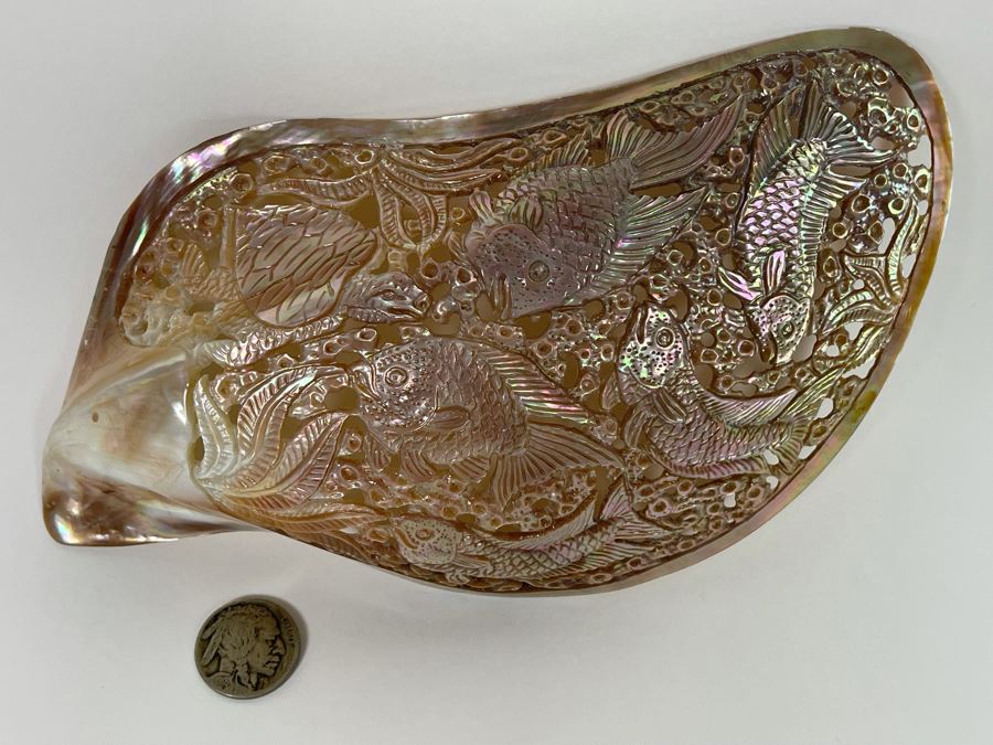 Intricately Carved Organic Abalone Shell Featuring Various Fish And Sea Turtle 8W X 4D X 1.5H [Photo 11]