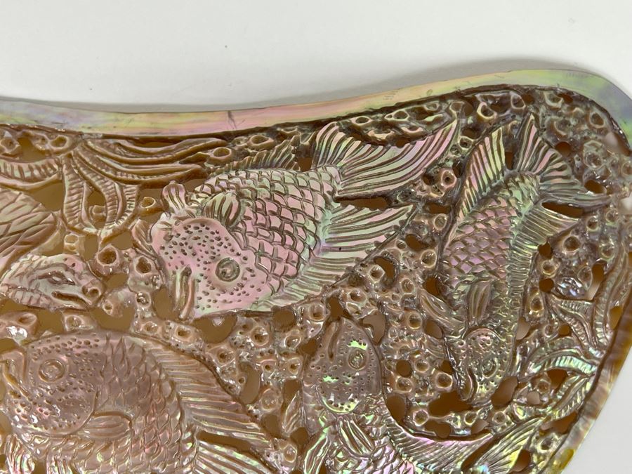 Intricately Carved Organic Abalone Shell Featuring Various Fish And Sea Turtle 8W X 4D X 1.5H [Photo 6]