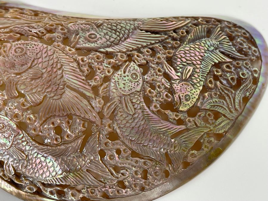 Intricately Carved Organic Abalone Shell Featuring Various Fish And Sea Turtle 8W X 4D X 1.5H [Photo 5]