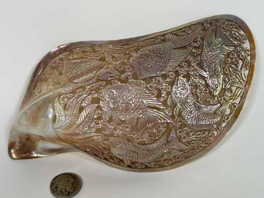 Intricately Carved Organic Abalone Shell Featuring Various Fish And Sea Turtle 8W X 4D X 1.5H [Photo 9]