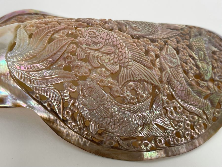 Intricately Carved Organic Abalone Shell Featuring Various Fish And Sea Turtle 8W X 4D X 1.5H [Photo 17]
