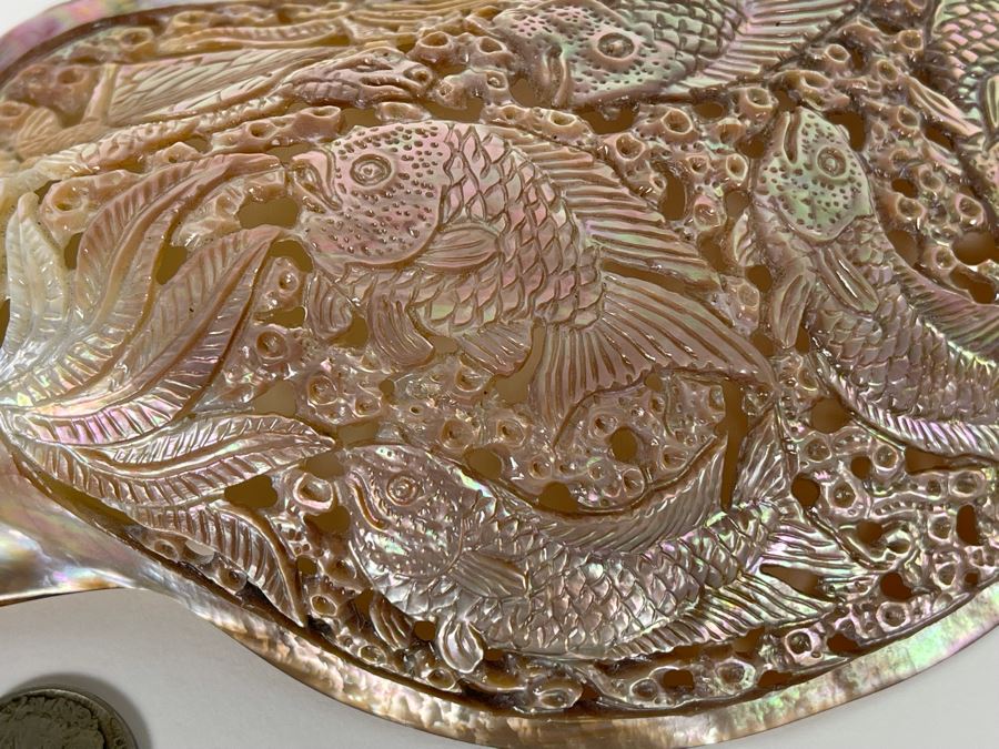 Intricately Carved Organic Abalone Shell Featuring Various Fish And Sea Turtle 8W X 4D X 1.5H [Photo 4]