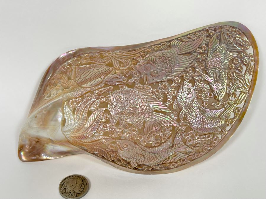 Intricately Carved Organic Abalone Shell Featuring Various Fish And Sea Turtle 8W X 4D X 1.5H [Photo 10]