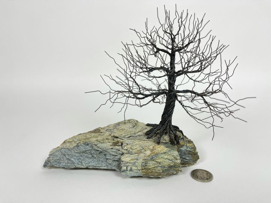 Signed Wire Tree Sculpture On Stone Base 6H Retails $100