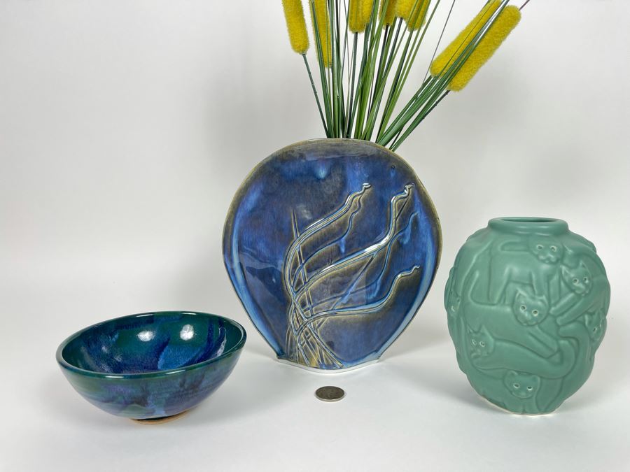 Venice Clay Gary Steinborn Cat Vase 5H, Floral Vase 7H And Pottery Bowl 2H