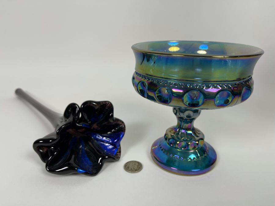 Carnival Glass Compote 5H And Glass Flower 13H [Photo 2]